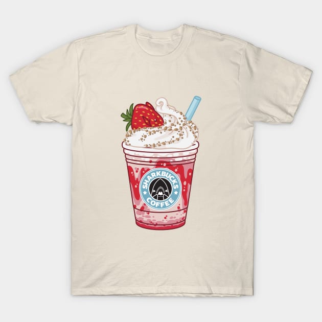 Sharkbucks Frappucino // Strawberry Dottyback T-Shirt by bytesizetreasure